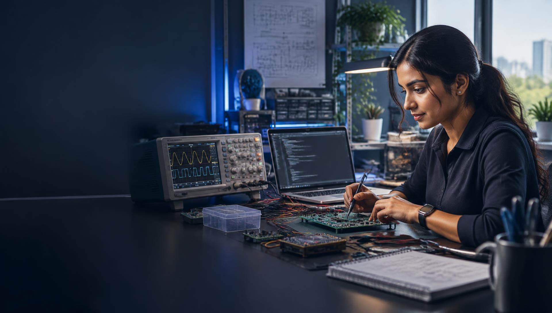 Electrical engineer working at an electronics bench